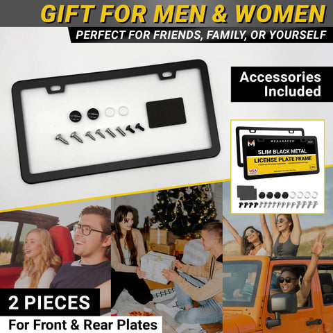 Slim Matte Black License Plate Frames 2 Pack, Rust Free Stainless Steel, accessories included, gift for men and women