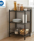 Heavy Duty Black Wire Shelving Unit With 3 Adjustable Tiers Rock Solid Construction in kitchen with plates, pots, and jars.