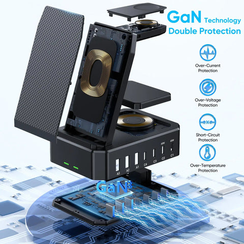 All In One 300W Charging Station for Multiple Devices With 10 in 1 Wireless Charger GaN III USB C 65W PD Fast Charging Stand Dock