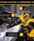 Real Deal Brushless Cordless Rivet Gun Built Tough For Pro Contractors Who Want A Smooth Operator Power Tool with ergonomic grip and LED light in use.