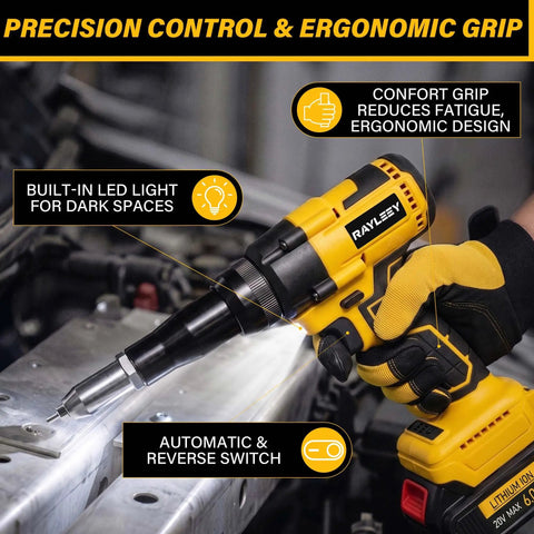 Real Deal Brushless Cordless Rivet Gun Built Tough For Pro Contractors Who Want A Smooth Operator Power Tool with ergonomic grip and LED light in use.