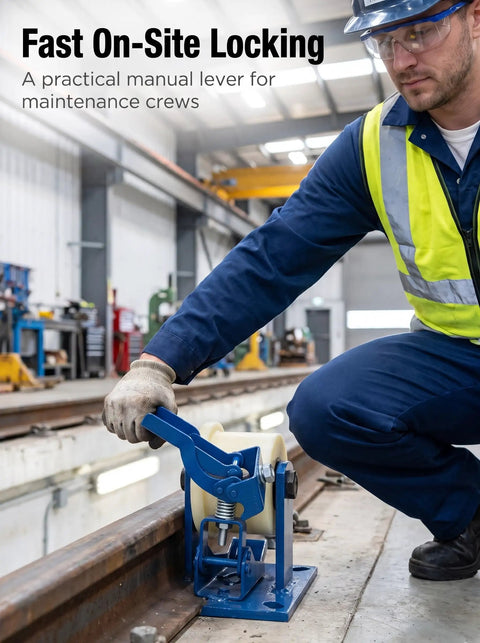 Fast On-Site Locking manual lever used by maintenance crew on railway tracks, featuring practical design for efficient locking.