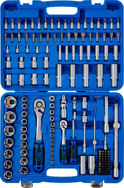 Master Grade 150 Piece Socket Set With Quarter Inch And Half Inch Drives featuring organized chrome vanadium steel tools in blue case.