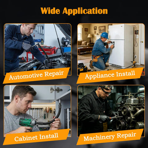 Wide application of Built Like A Tank 1/2 Inch Drive Flexible Socket Extension Bar Set in automotive and appliance repairs.