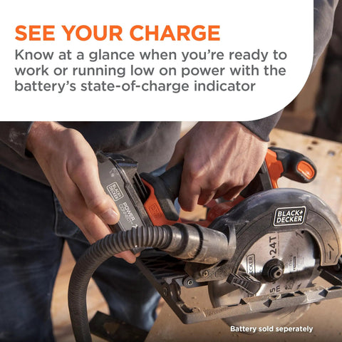 Close-up of user holding battery for Straight Shooter Cordless Circular Saw With Beast Mode Brushless Motor, showing charge indicator.