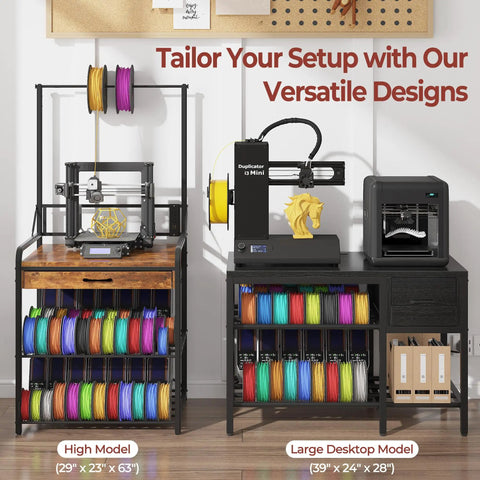 Heavy Duty Metal 3D Printer Stand With Filament Storage And Power Hub Rock Solid Workstation Rig With Tool Drawer and Dual Storage Cubbies for DIY Creators in a workspace.