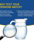 Magnifying glass over drinking water, highlighting contaminants and safety, promoting Hella Reliable 16 Parameter Drinking Water Test Strips 100 Pack.