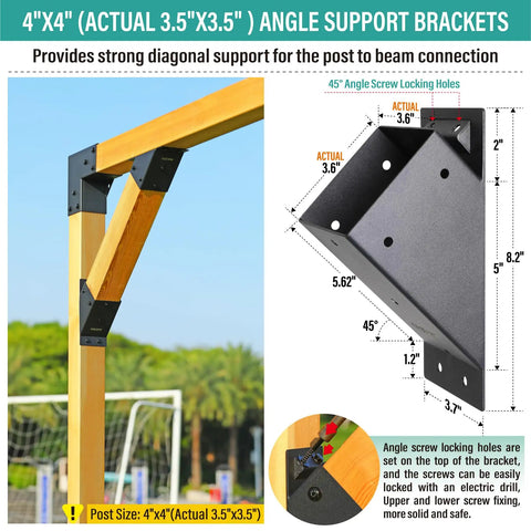 4 Pack Pergola Angle Brackets For 4x4 Wood Posts 3.5x3.5 Actual Size One Piece 45 Degree Heavy Duty Brackets For Gazebos Decks Patios Sheds Garages And Other Outdoor Structures