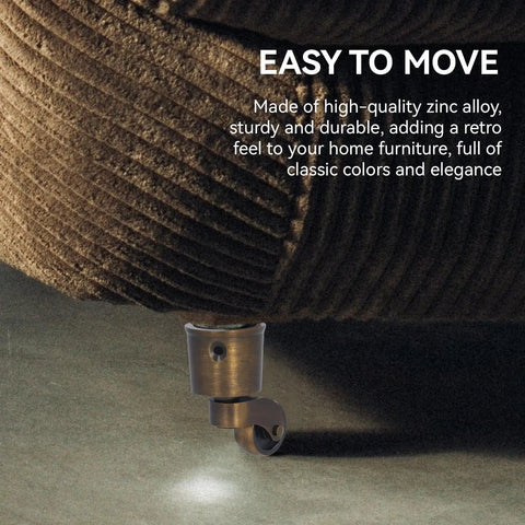 Vintage Round Cup Caster Wheels Set Of Two Silent Rolling Zinc Alloy Floor Casters on furniture leg, showcasing matte finish and smooth glide.