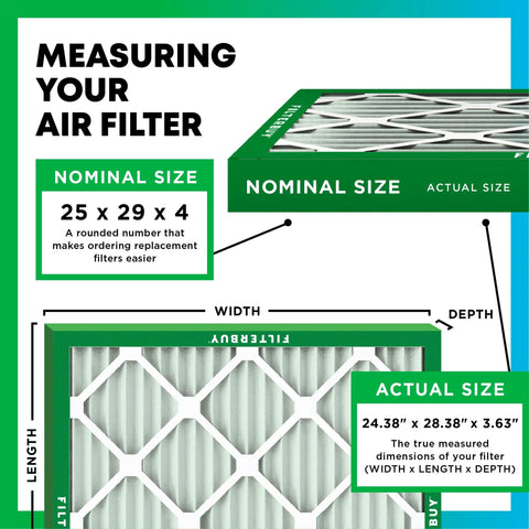 Image showing dimensions of Built Tough 25x29x4 Air Filters 4 Pack MERV 13, actual size 24.38 x 28.38 x 3.63 inches.