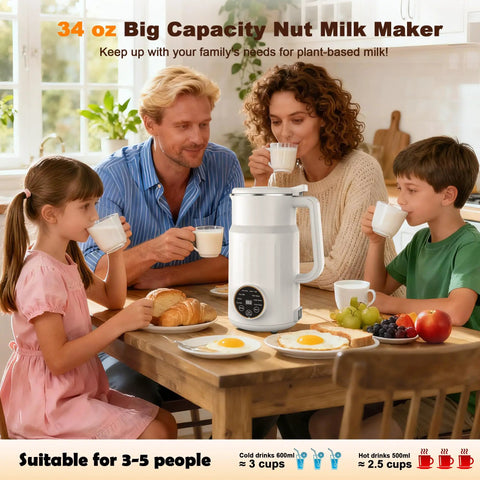 Family using 10 In 1 Plant Based Milk Maker All In One Kitchen Boss with 34 oz capacity in a kitchen, stainless steel, making breakfast drinks.