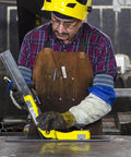 Front view of yellow welding magnet clamp with pivot angle adjustment and 200 lb hold