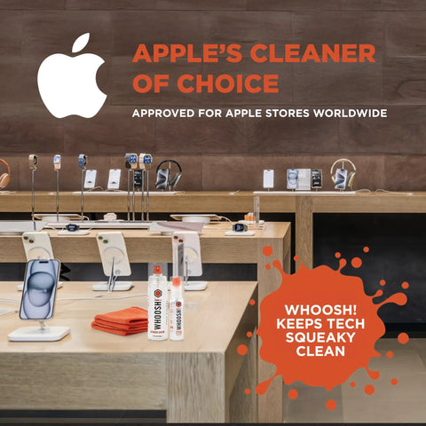 Whoosh! Screen Shine Duo XL screen cleaner kit with 3.4 oz and 1 oz leak-free bottles with microfiber cloths on display