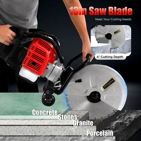 Professional Grade 52CC Two Stroke Gas Concrete Cutting Saw Featuring A Rugged Workhorse Design With 13 Inch Diamond Blade And Sturdy Rubber Wheels For Quick Slab Jobs cutting through concrete and stones.