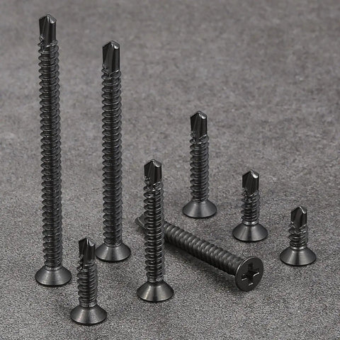 300 Pack Size 8 By One Inch Sheet Metal Self Tapping Screws Black Stainless Steel Flat Head in various sizes arranged on gray surface.