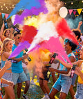 Group of friends celebrating with Game Changing Red Smoke Powder Cannon For Gender Reveals And Baby Showers With Authentic Fire Extinguisher Shape.