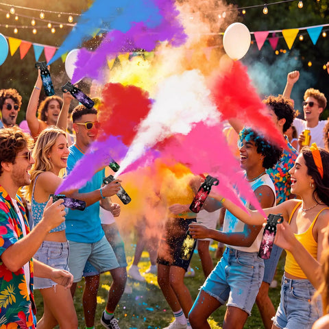 Group of friends celebrating with Game Changing Red Smoke Powder Cannon For Gender Reveals And Baby Showers With Authentic Fire Extinguisher Shape.