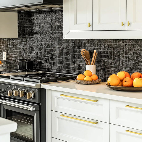 Six Pack Heavy Duty Gold Cabinet Handles Meeting Eighteen Inch Center Distance on white cabinetry with modern kitchen decor.