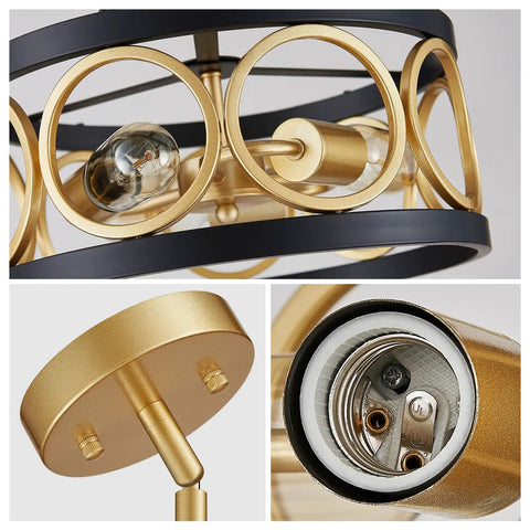 Close-up details of Three Light Modern Pendant Chandelier For Dining Room Living Room Kitchen Island Height Adjustable Metal Black And Gold Fixture