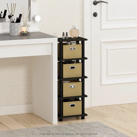 Four Tier Toolless Storage Shelves Espresso Finish With Four Fabric Bins No Sweat Setup Game Changer For Clutter Control Apartment Approved Hallway Bedroom Organizer Straight Up Solid Build beside a vanity.