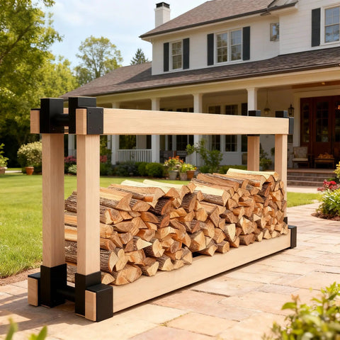 Set Of Two Firewood Rack Brackets For Outdoors, Heavy Duty Wood Storage Holder Kit, Adjustable To Any Length And Height, Built For Easy Lumber Stacks, Sturdy Steel Black Finish