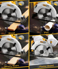 Heavy Duty Workhorse 7 Inch Brushless Cordless Circular Saw with Right Bevel design cutting wood and PVC, showcasing 8000 rpm speed.