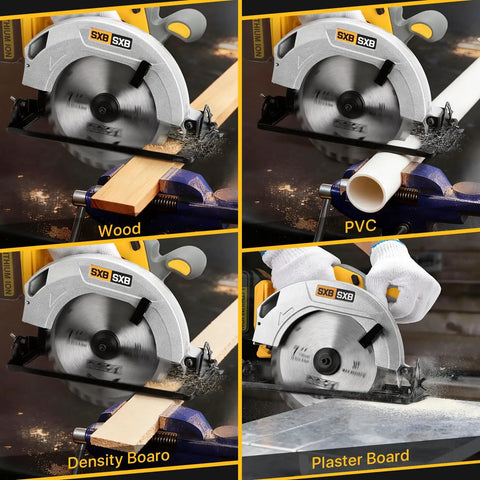 Heavy Duty Workhorse 7 Inch Brushless Cordless Circular Saw with Right Bevel design cutting wood and PVC, showcasing 8000 rpm speed.