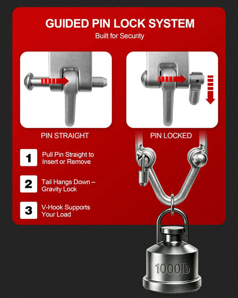 Guided pin lock system for Heavy Duty Overhead Sliding Cart For Round Pipe Tracks 1000 Pound Capacity Garage Shop Storage Glide Rail System.