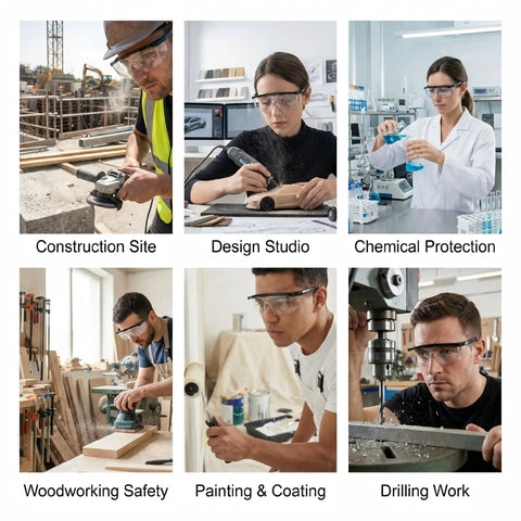 Badass Dual Pack Safety Glasses with Slick Anti Fog and Anti Scratch Clear Wrap Around Lenses being used in various work environments.