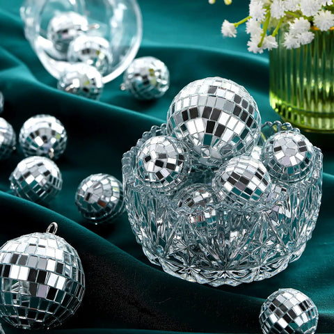 65 Piece Disco Ball Decorations Set With Assorted Size Mirror Ornaments Reflective Hanging Balls in crystal bowl