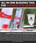 Shimano Hydraulic Brake Bleed Kit with reusable funnel, silicone hose, and syringe stopper for mountain MTB and gravel bikes maintenance.