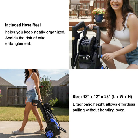 Woman maneuvering New Upgrade Beast Power Washer With 4 Quick Connect Nozzles, ergonomic design, on outdoor driveway.