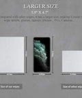 Monitor screen wipes size comparison: large wipe 5.9 by 4.7 inches beside smaller 2.36 by 2.36 inches with a phone for scale.