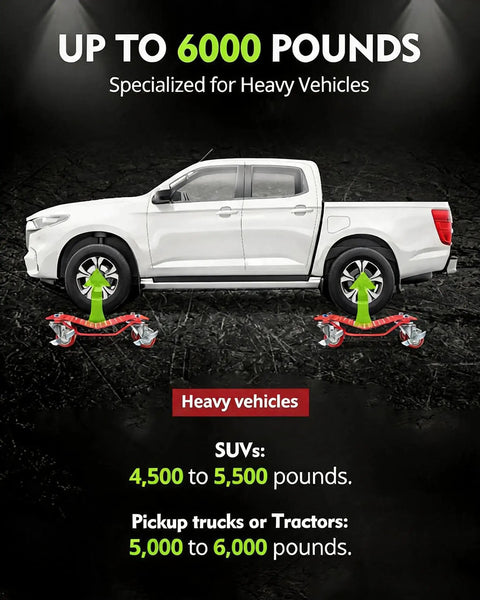 Heavy Duty 6000 Lbs Car Wheel Dolly Set Of Four With Rugged 360 Degree Swivel Casters and reinforced steel frame under a pickup truck.