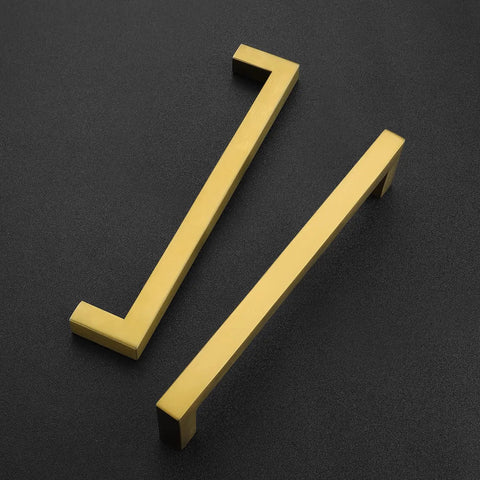 Brushed Brass Square Cabinet Handles With 6 1 4 Inch Center To Center Spacing Heavy Duty Kitchen Drawer Pulls And Vanity Hardware on black background.