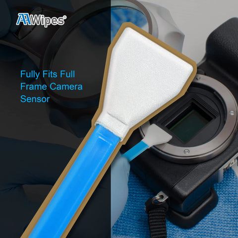 AAWipes sensor cleaning swab with blue handle and white foam tip in front of DSLR camera sensor mount