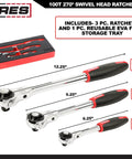 100 Tooth Swivel Head Ratchet Set for Heavy Duty Jobs with One Quarter Inch, Three Eighths Inch, Half Inch Drives in CV Steel