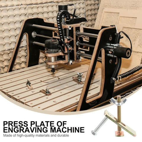 Close-up of CNC machine on table with Two Sets Bow Shaped CNC Engraving Hold Down Clamps Kit Aluminum Alloy And Steel Router