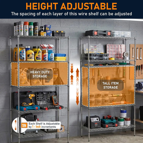 Solid As A Rock Five Tier Wire Shelving In Chrome Finish Hella Roomy Storage Rack showing adjustable height for tall item storage