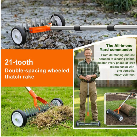 Effortless Wheeled Dethatcher Rake For Lawns With 15 Inch Head And 35 To 67 Inch Adjustable Stainless Steel Handle