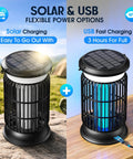 Outdoor Bug Zapper Sun Powered Mosquito Killer Cordless Rechargeable Battery showing solar and USB charging options