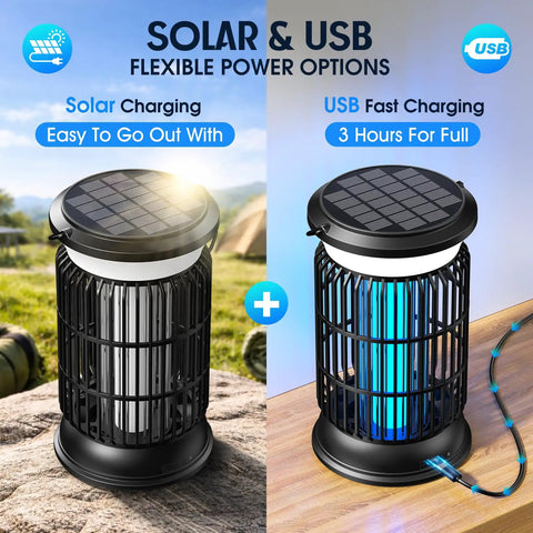 Outdoor Bug Zapper Sun Powered Mosquito Killer Cordless Rechargeable Battery showing solar and USB charging options