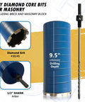 Dry Diamond Core Drill Bit For Brick And Block With Half Inch Shank Pilot Bit Adapter And Nine Point Five Inch Drilling Depth For Wet Or Dry Use Five Eighths Inch Arbor Grit Size Thirty And Forty, shown in close-up and side view