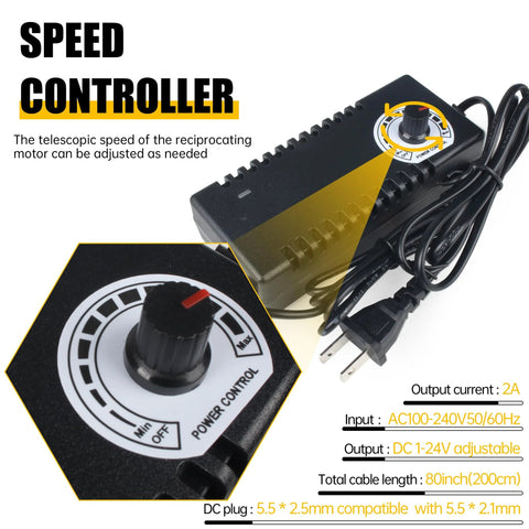 Speed controller for reciprocating linear actuator; black box with rotary dial and long power cable (AC 100–240V, DC 1–24V).