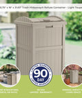 Hideaway Outdoor Trash Can With Lid 30 Gallon Weather Resistant Resin Bin With A Wicker Style Look For Patio And Yard Keeps Pests And Odors Out Fits 30 To 33 Gallon Bags Made In USA, taupe color on patio