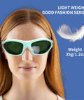 Heavy Duty Laser Protective Glasses Delivering Kickass Eye Safety For Salon Professionals snug fit with green lenses on a woman, weighing 35g.