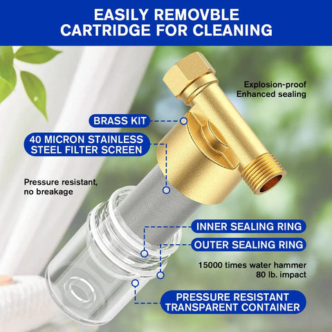 Bulletproof 40 Micron Brass Sediment Filter For Washers showing brass kit, stainless steel filter screen, and removable cartridge.