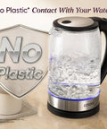No Plastic Water Contact Electric Kettle With Wide Mouth Borosilicate Glass 1.7L Tea Kettle Auto Shut Off Quick Boil Under 3 Minutes Easy Clean 1500W Black with a stainless steel base on a kitchen counter.