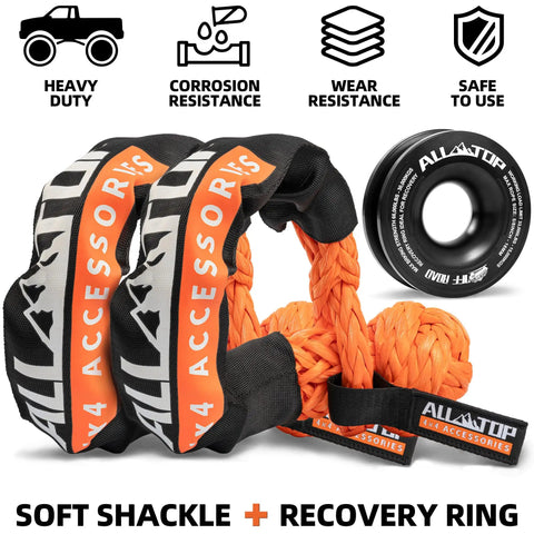 Beefed-Up Synthetic Soft Shackle And Recovery Ring Kit Two-Piece 1/2in By 22in Shackles With snatch pulley ring in view