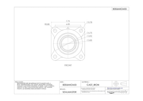 Beefy 3 Inch Bore 4 Bolt Flange Mount Ball Bearing With Cast Iron Housing And Felt Labyrinth Seals front view with dimensions